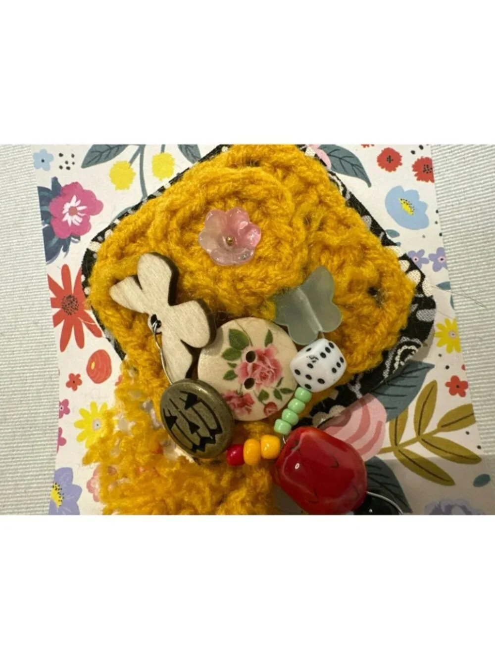 Handmade Brooch OOAK Yellow Crochet Embellished Charm Pin Shabby Chic 5